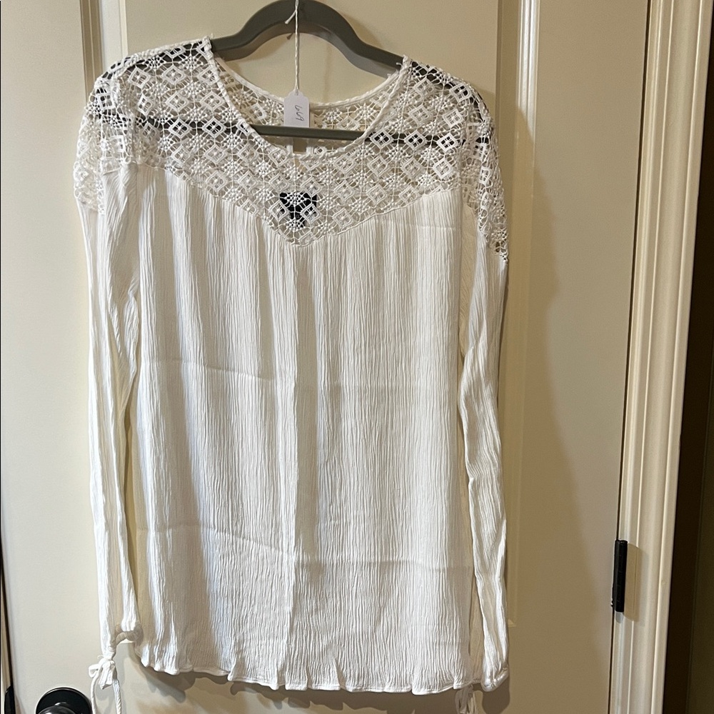 Women's Cream Crochet Yoke Long Sleeve Blouse C 669